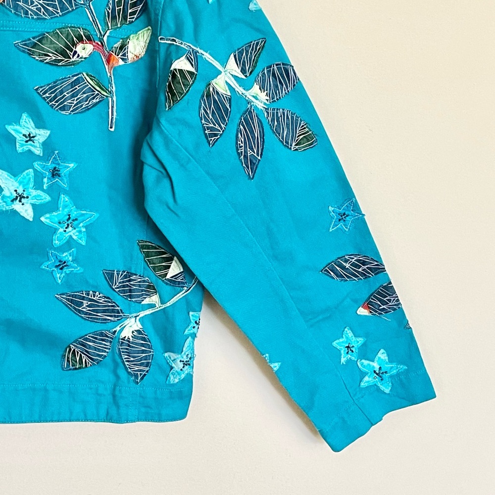 Vintage Chico’s Patchwork Floral Teal Denim Button Up Jean Jacket Women’s size 2 - Picture 9 of 16